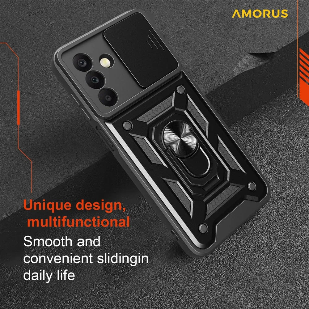 AMORUS For Samsung Galaxy A26 5G Case Kickstand PC + TPU Phone Cover with Camera Lens Slider - Silver - 6