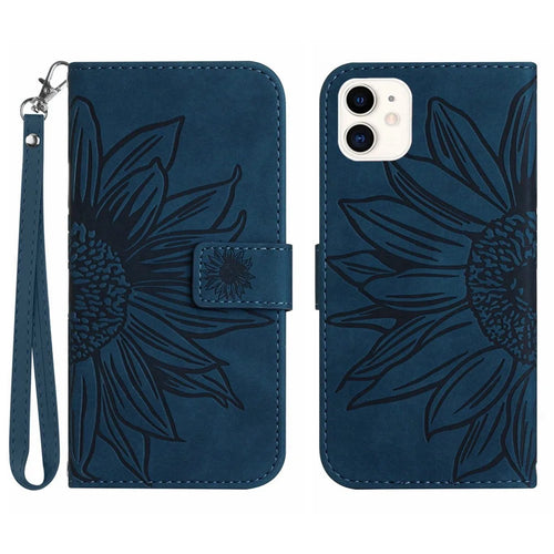 Skin-Touch Feeling Flip Phone Case for iPhone 11 6.1 inch, Imprinted Sunflower Stand Anti-drop PU Leather Magnetic Wallet Cover with Strap - Dark Blue - 1