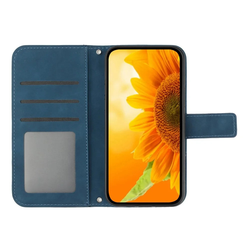 Skin-Touch Feeling Flip Phone Case for iPhone 11 6.1 inch, Imprinted Sunflower Stand Anti-drop PU Leather Magnetic Wallet Cover with Strap - Dark Blue - 2