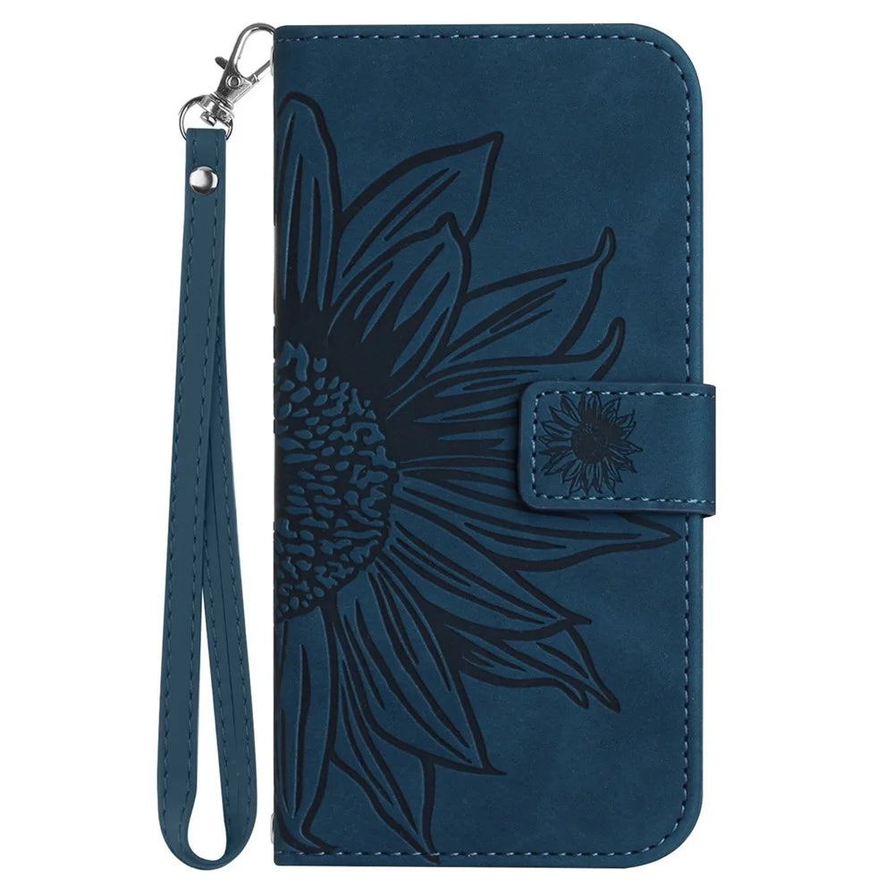 Skin-Touch Feeling Flip Phone Case for iPhone 11 6.1 inch, Imprinted Sunflower Stand Anti-drop PU Leather Magnetic Wallet Cover with Strap - Dark Blue - 7