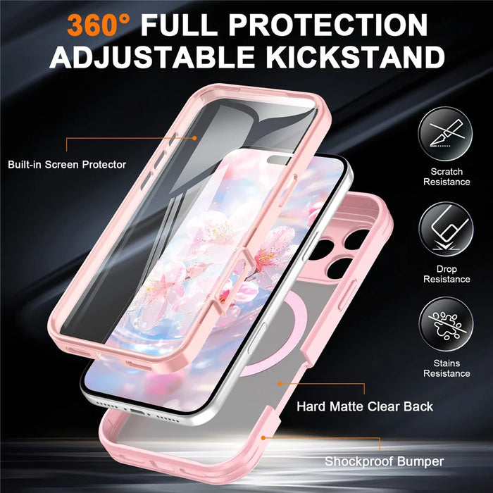 For iPhone 17 Pro Case Skin Touch Solid Color TPU + PC Phone Cover with Magnetic Kickstand - Pink - 4