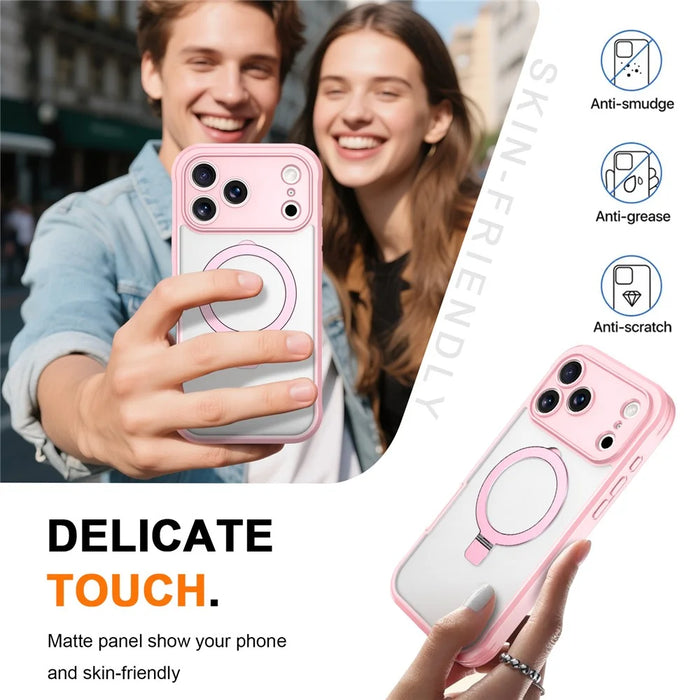 For iPhone 17 Pro Case Skin Touch Solid Color TPU + PC Phone Cover with Magnetic Kickstand - Pink - 6