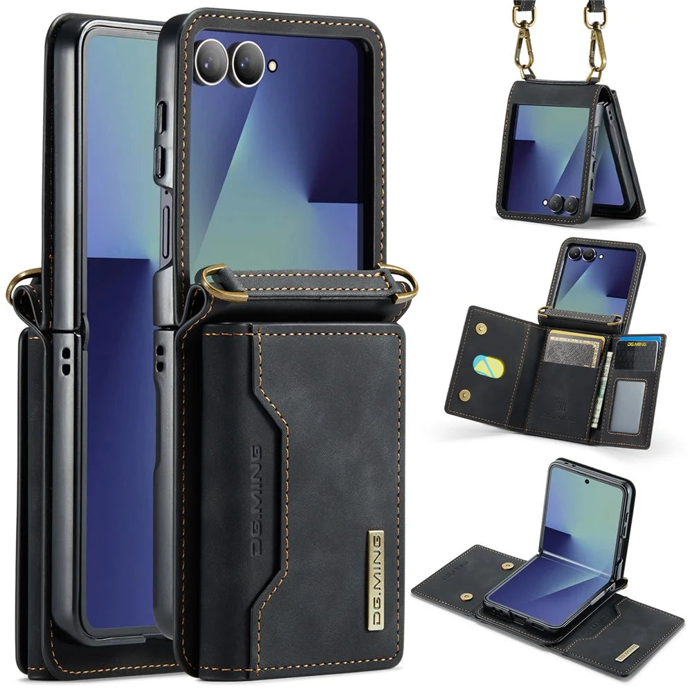DG.MING M2 Series for Samsung	Galaxy Z Flip7 5G Case PU + PC Phone Cover with Detachable Card Bag / Should Strap - Black - 1