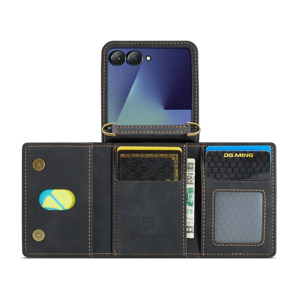 DG.MING M2 Series for Samsung	Galaxy Z Flip7 5G Case PU + PC Phone Cover with Detachable Card Bag / Should Strap - Black - 2