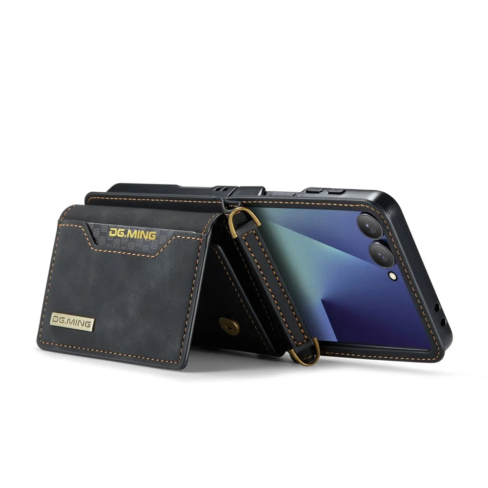 DG.MING M2 Series for Samsung	Galaxy Z Flip7 5G Case PU + PC Phone Cover with Detachable Card Bag / Should Strap - Black - 3