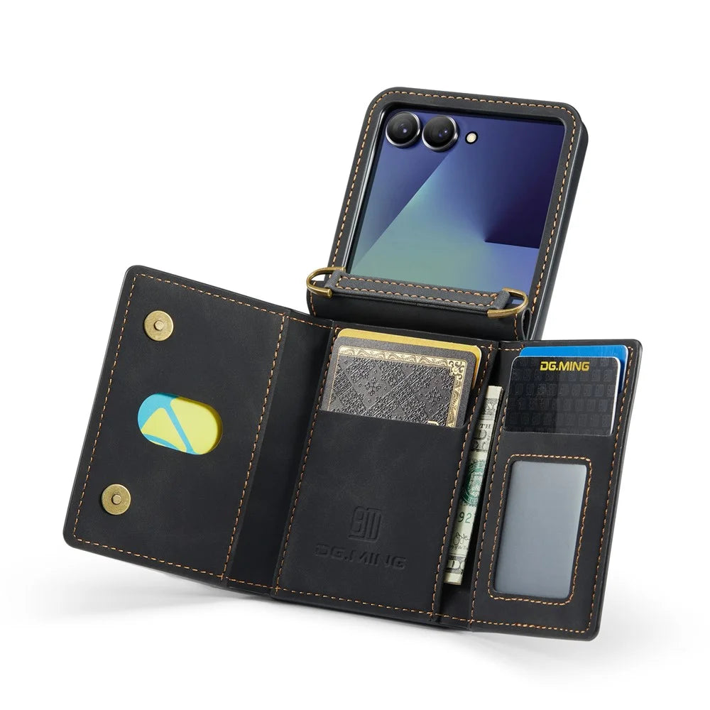 DG.MING M2 Series for Samsung	Galaxy Z Flip7 5G Case PU + PC Phone Cover with Detachable Card Bag / Should Strap - Black - 5