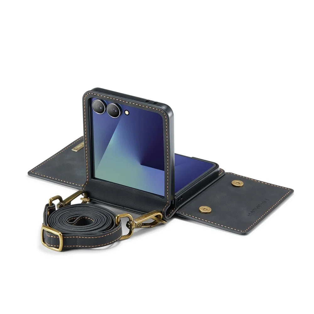 DG.MING M2 Series for Samsung	Galaxy Z Flip7 5G Case PU + PC Phone Cover with Detachable Card Bag / Should Strap - Black - 7