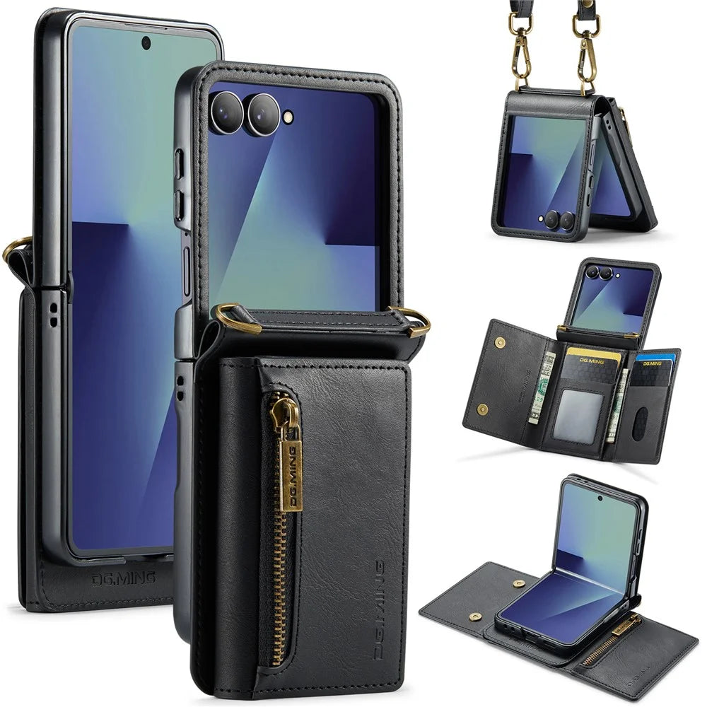 DG.MING M5 Series for Samsung Galaxy Z Flip7 5G Case RFID Blocking Card Slots Leather + PC Phone Cover - Black - 1