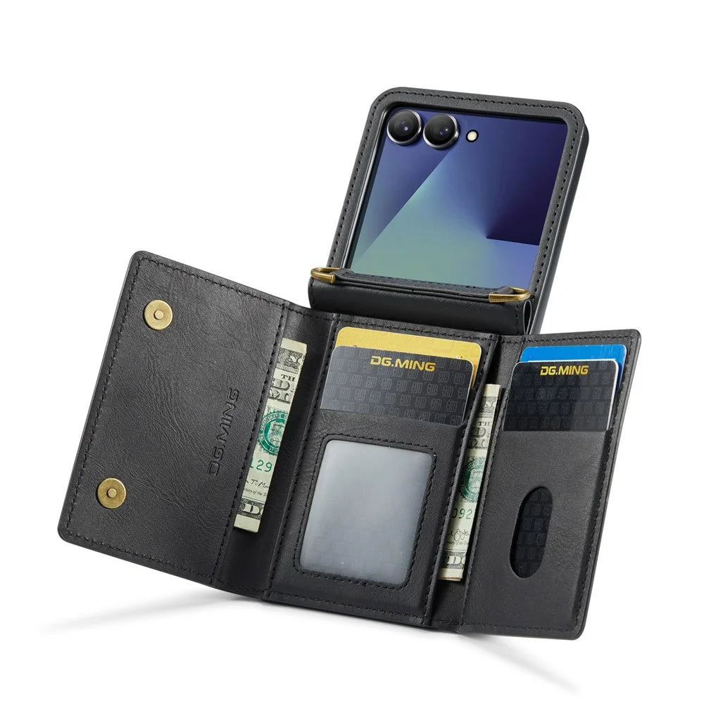 DG.MING M5 Series for Samsung Galaxy Z Flip7 5G Case RFID Blocking Card Slots Leather + PC Phone Cover - Black - 5
