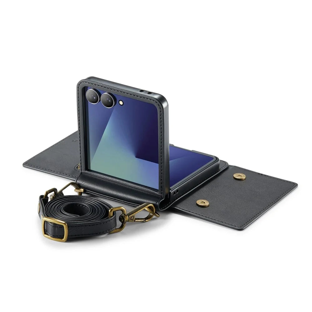 DG.MING M5 Series for Samsung Galaxy Z Flip7 5G Case RFID Blocking Card Slots Leather + PC Phone Cover - Black - 6