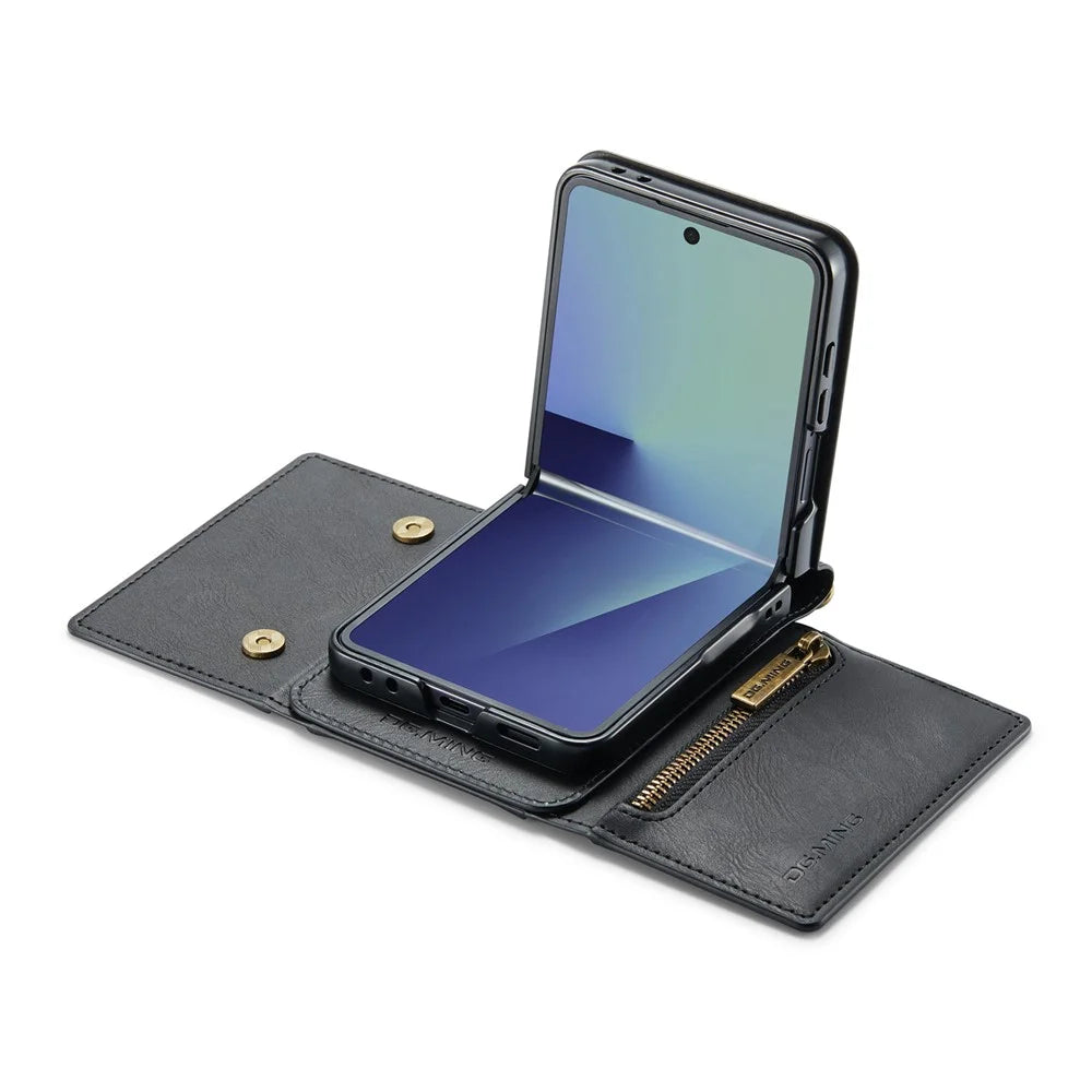 DG.MING M5 Series for Samsung Galaxy Z Flip7 5G Case RFID Blocking Card Slots Leather + PC Phone Cover - Black - 7