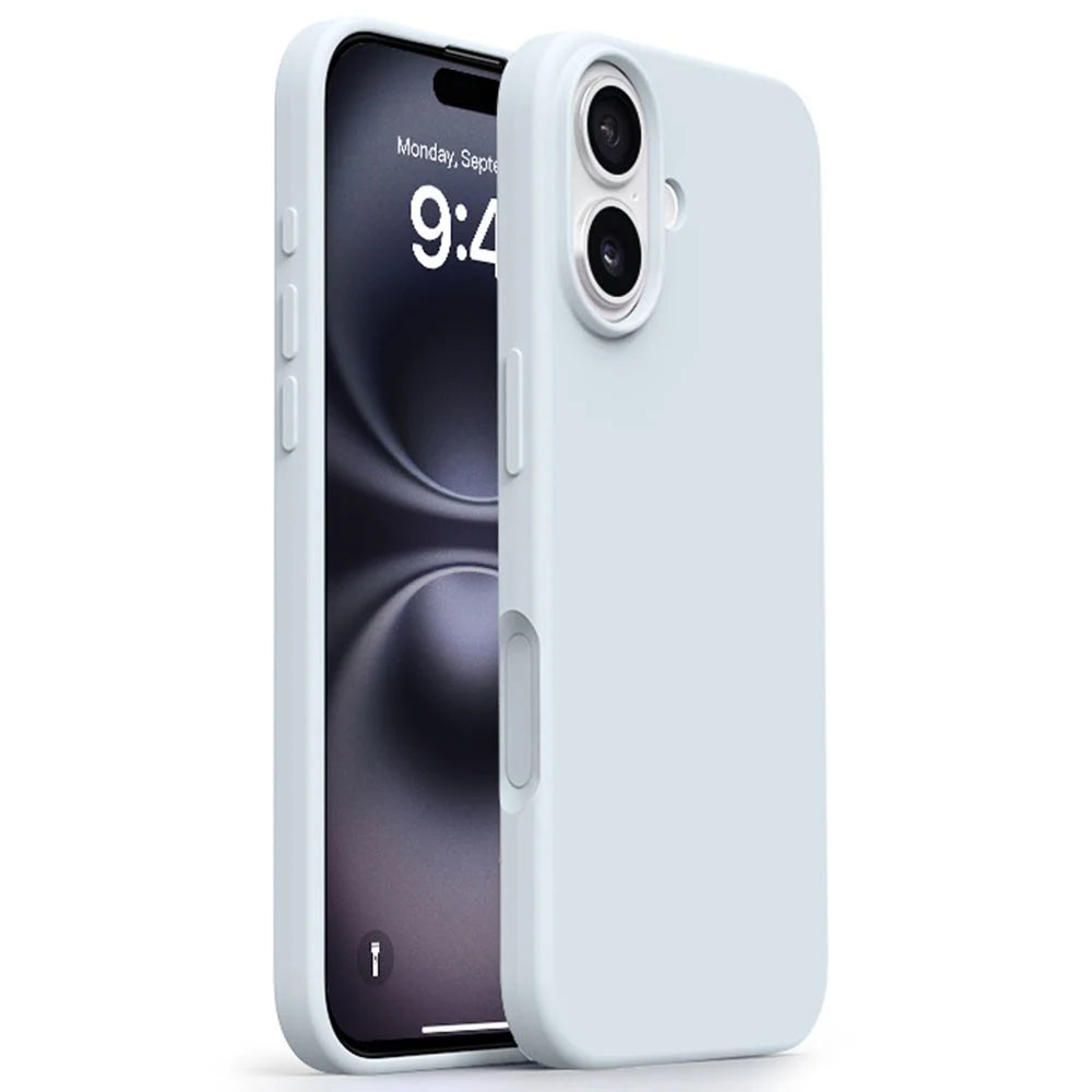 For iPhone 16 Case Ultra Thin Liquid Silicone + PC Phone Cover with Camera Touch Control Button - Glacier Blue - 1