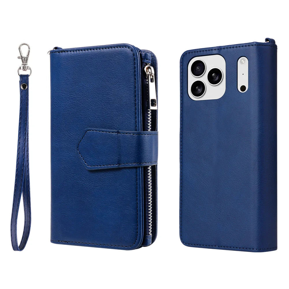 For iPhone 18 Pro / 17 Pro Magnetic Leather Case Mobile Cover with Detachable Zipper Wallet Strap - Blue - 1