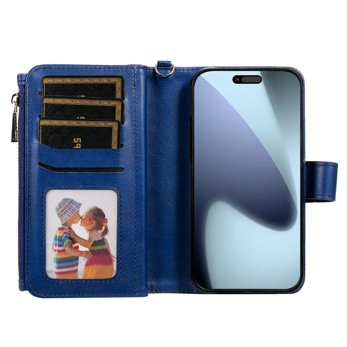 For iPhone 18 Pro / 17 Pro Magnetic Leather Case Mobile Cover with Detachable Zipper Wallet Strap - Blue - 2