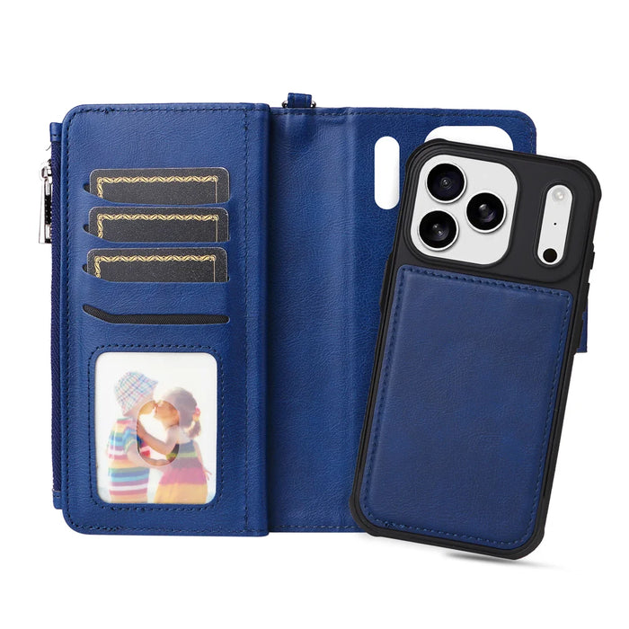 For iPhone 18 Pro / 17 Pro Magnetic Leather Case Mobile Cover with Detachable Zipper Wallet Strap - Blue - 3