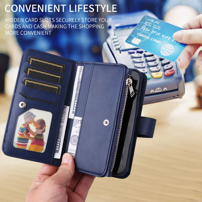 For iPhone 18 Pro / 17 Pro Magnetic Leather Case Mobile Cover with Detachable Zipper Wallet Strap - Blue - 4