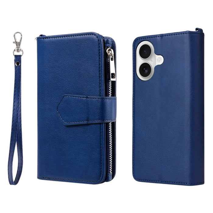 For iPhone 17 Magnetic Leather Case Mobile Cover with Detachable Zipper Wallet Strap - Blue - 1