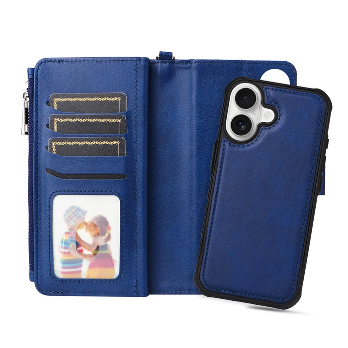 For iPhone 17 Magnetic Leather Case Mobile Cover with Detachable Zipper Wallet Strap - Blue - 5