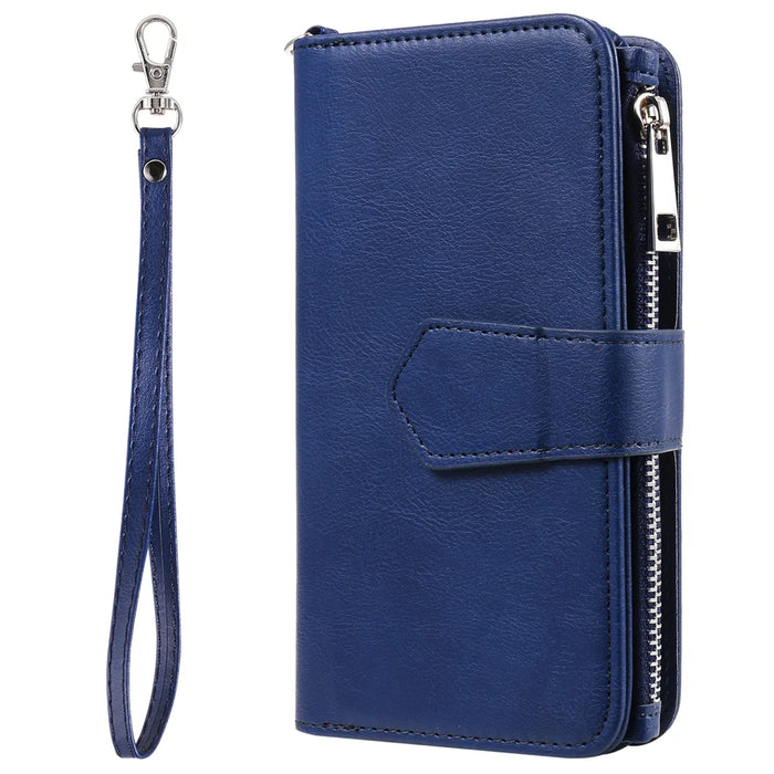 For iPhone 17 Magnetic Leather Case Mobile Cover with Detachable Zipper Wallet Strap - Blue - 7