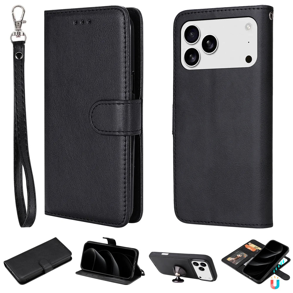 For iPhone 18 Pro Max / 17 Pro Max Case 2 in 1 Detachable Magnetic Leather Wallet Mobile Cover with Strap - Black - 1