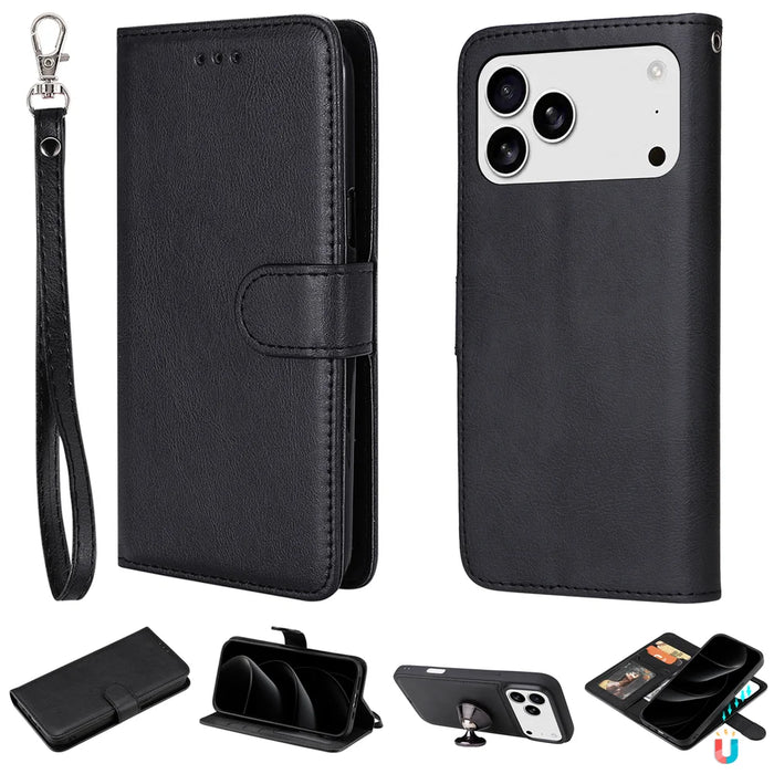 For iPhone 18 Pro Max / 17 Pro Max Case 2 in 1 Detachable Magnetic Leather Wallet Mobile Cover with Strap - Black - 1