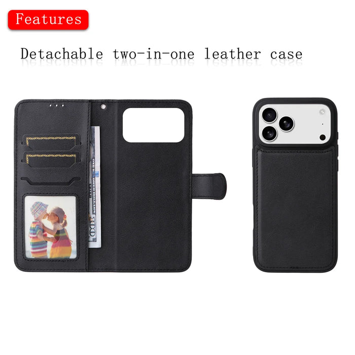 For iPhone 18 Pro Max / 17 Pro Max Case 2 in 1 Detachable Magnetic Leather Wallet Mobile Cover with Strap - Black - 2