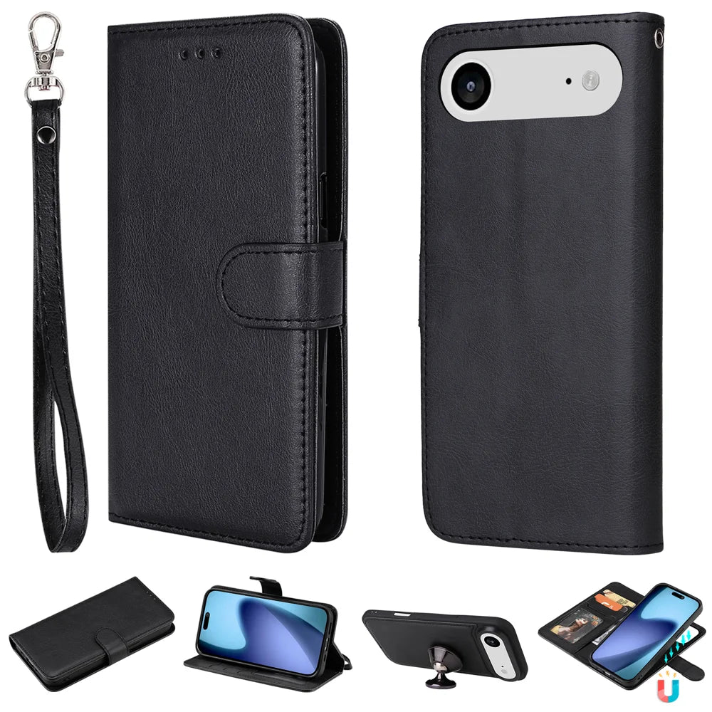 For iPhone Air Case 2 in 1 Detachable Magnetic Leather Wallet Mobile Cover with Strap - Black - 1