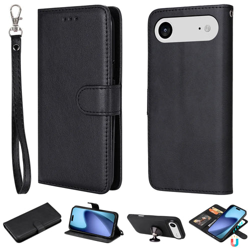 For iPhone Air Case 2 in 1 Detachable Magnetic Leather Wallet Mobile Cover with Strap - Black - 1
