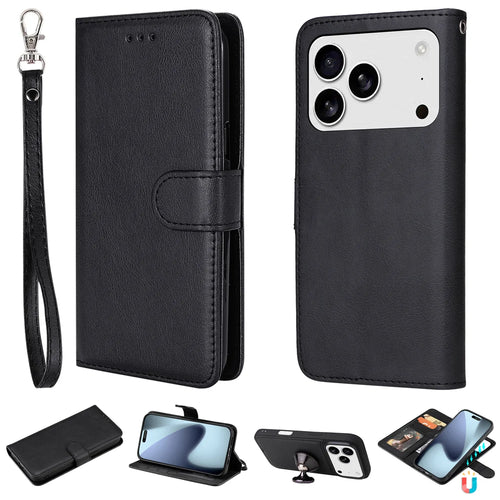 For iPhone 18 Pro / 17 Pro Case 2 in 1 Detachable Magnetic Leather Wallet Mobile Cover with Strap - Black - 1
