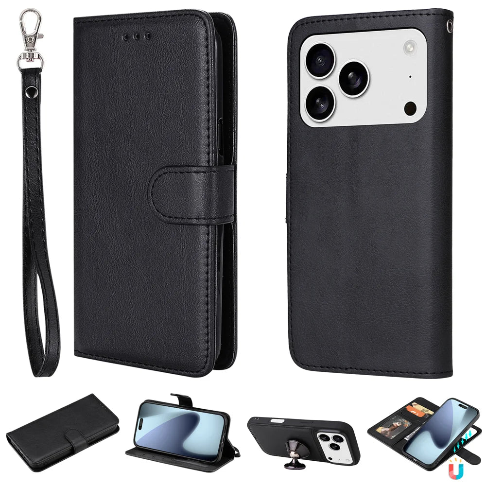 For iPhone 18 Pro / 17 Pro Case 2 in 1 Detachable Magnetic Leather Wallet Mobile Cover with Strap - Black - 1