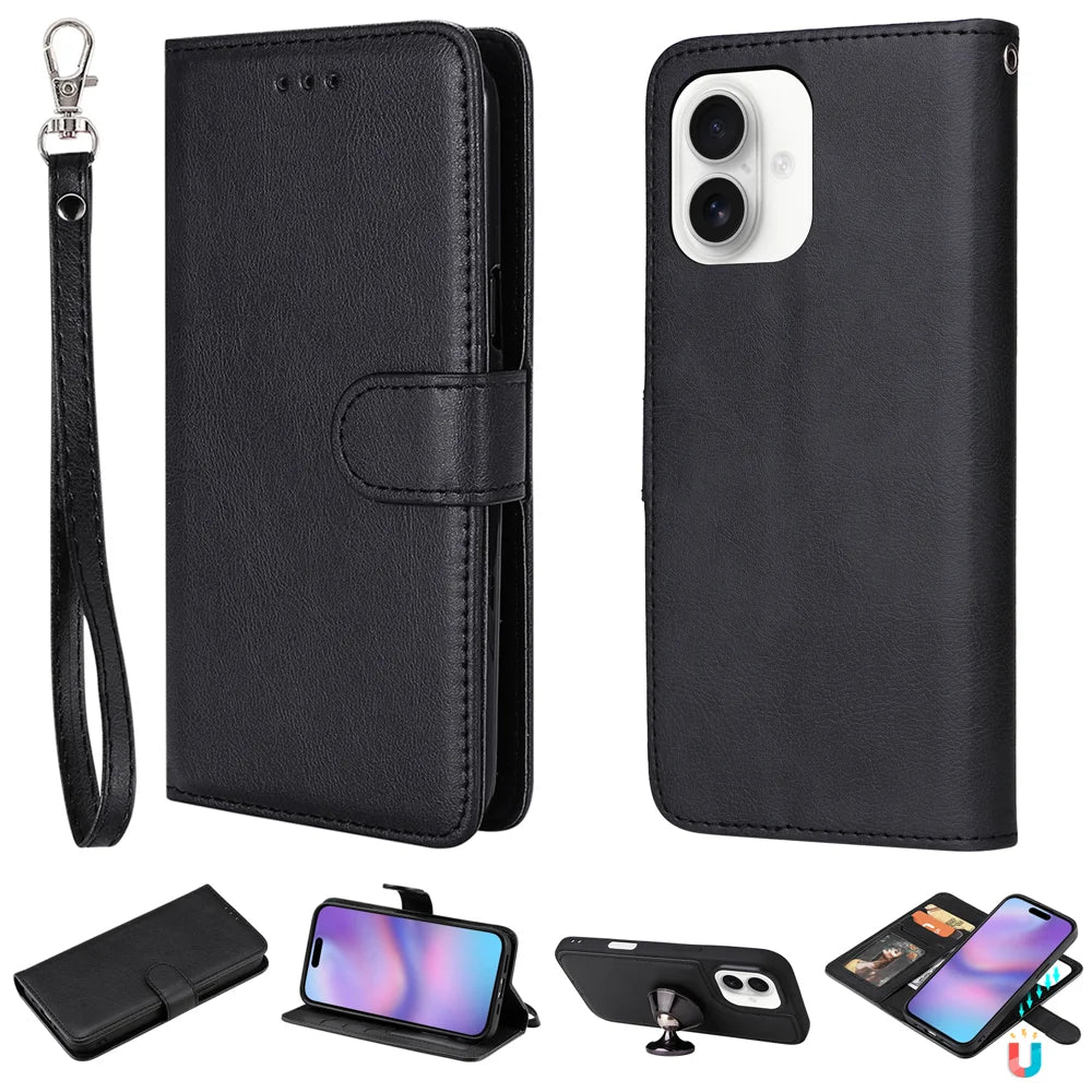 For iPhone 17 Case 2 in 1 Detachable Magnetic Leather Wallet Mobile Cover with Strap - Black - 1