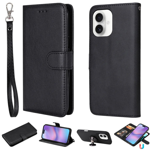 For iPhone 17 Case 2 in 1 Detachable Magnetic Leather Wallet Mobile Cover with Strap - Black - 1