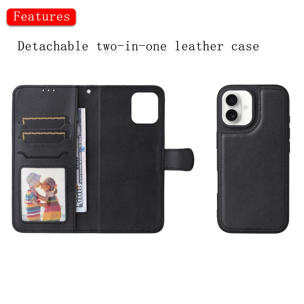 For iPhone 17 Case 2 in 1 Detachable Magnetic Leather Wallet Mobile Cover with Strap - Black - 2