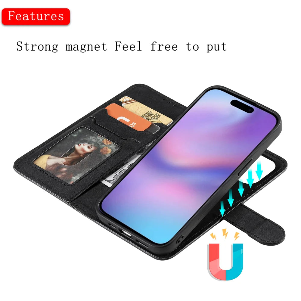 For iPhone 17 Case 2 in 1 Detachable Magnetic Leather Wallet Mobile Cover with Strap - Black - 3