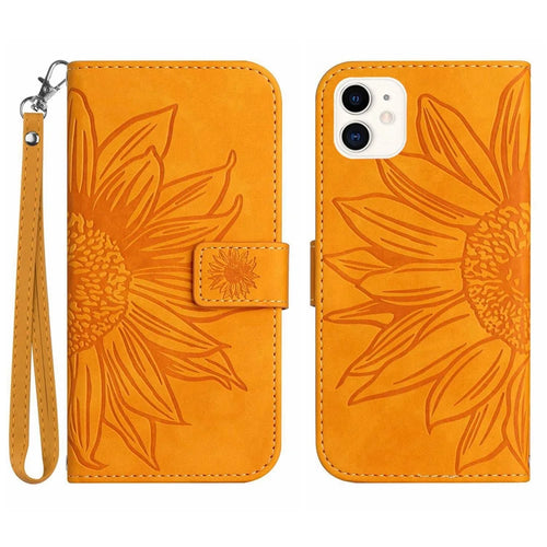 For iPhone 12 mini 5.4 inch HT04 Imprinted Sunflower Phone Shockproof Case Skin-Touch PU Leather Foldable Stand Wallet Cover with Hand Strap - Yellow - 1