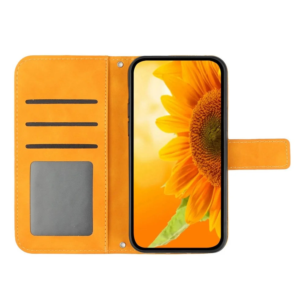For iPhone 12 mini 5.4 inch HT04 Imprinted Sunflower Phone Shockproof Case Skin-Touch PU Leather Foldable Stand Wallet Cover with Hand Strap - Yellow - 2