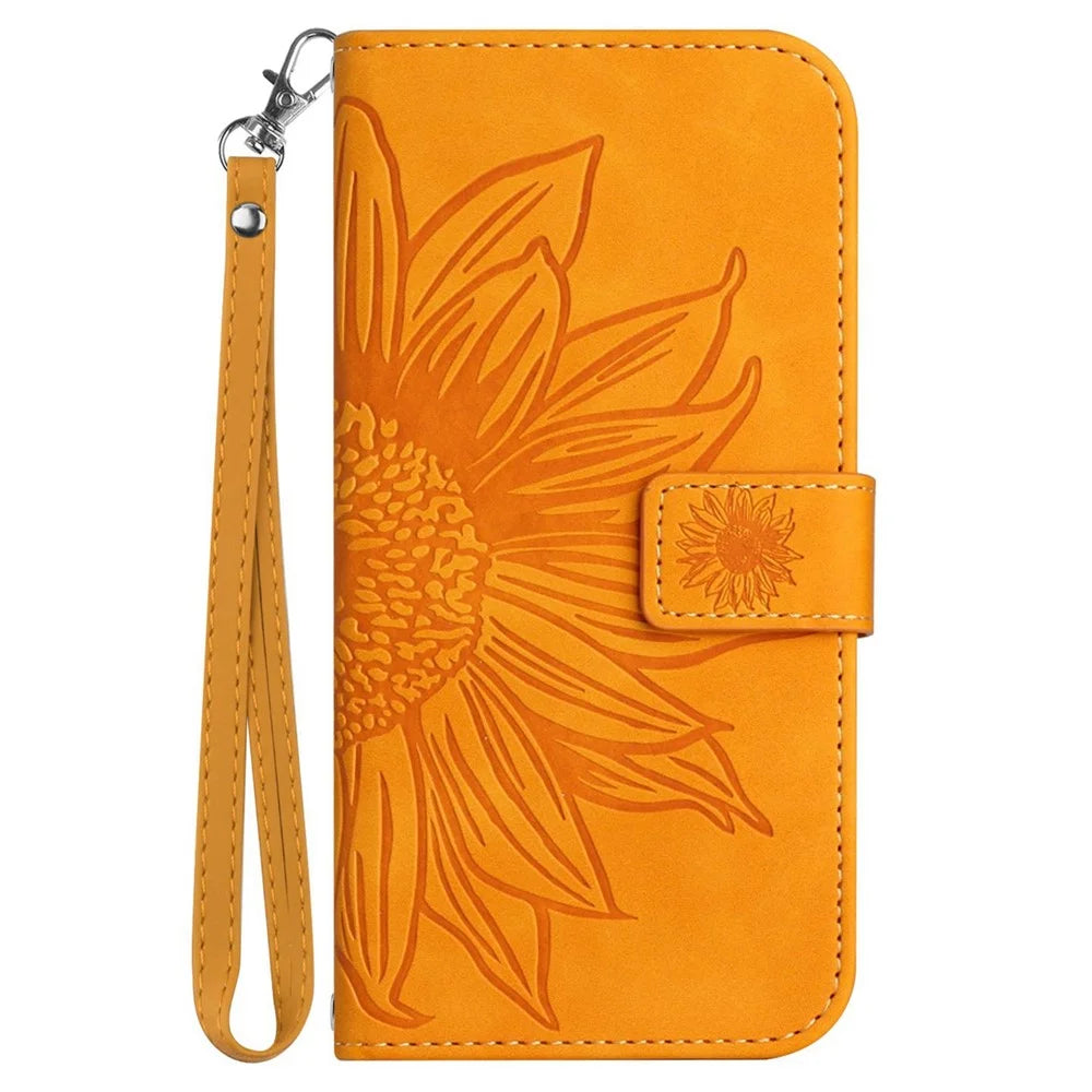 For iPhone 12 mini 5.4 inch HT04 Imprinted Sunflower Phone Shockproof Case Skin-Touch PU Leather Foldable Stand Wallet Cover with Hand Strap - Yellow - 7