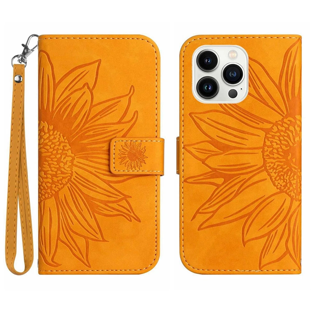 For iPhone 13 Pro Max 6.7 inch HT04 Sunflower Imprinted PU Leather Full Protection Shell Skin-Touch Foldable Stand Phone Wallet Case with Hand Strap - Yellow - 1