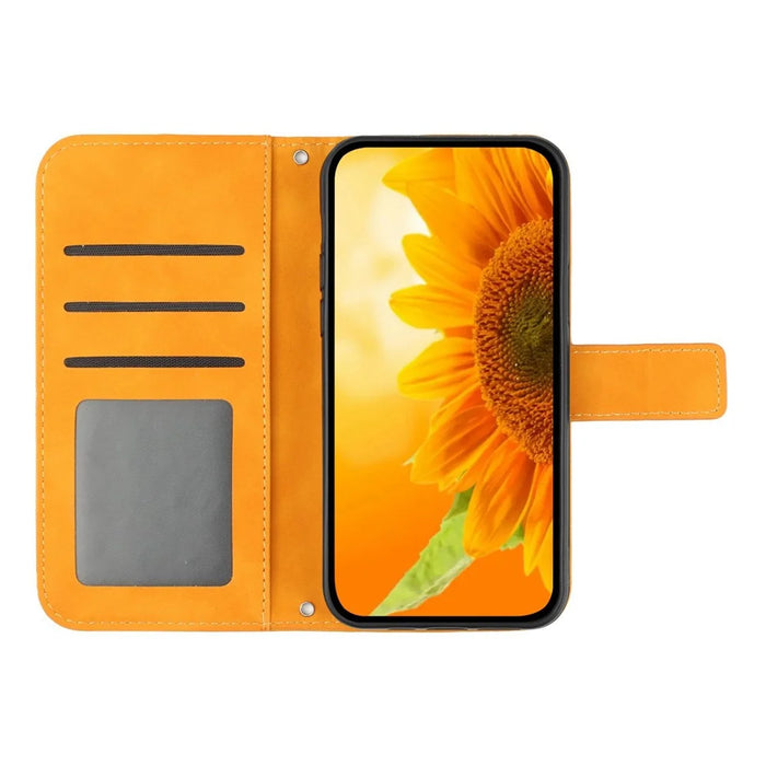For iPhone 13 Pro Max 6.7 inch HT04 Sunflower Imprinted PU Leather Full Protection Shell Skin-Touch Foldable Stand Phone Wallet Case with Hand Strap - Yellow - 2