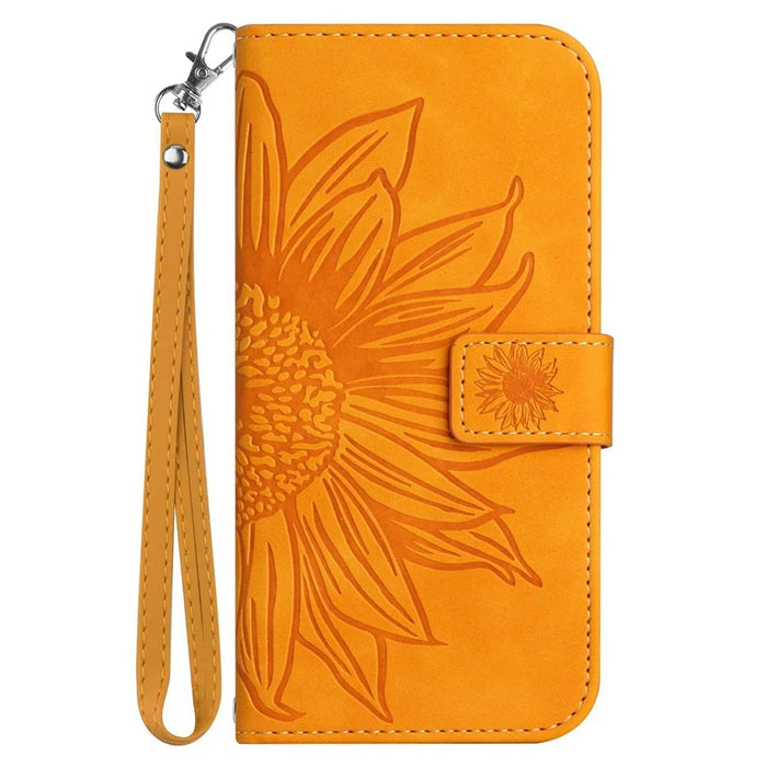 For iPhone 13 Pro Max 6.7 inch HT04 Sunflower Imprinted PU Leather Full Protection Shell Skin-Touch Foldable Stand Phone Wallet Case with Hand Strap - Yellow - 7