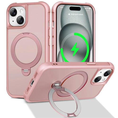 For iPhone 15 Case Compatible with MagSafe Rotatable Kickstand TPU + PC Shockproof Phone Cover - Pink - 1