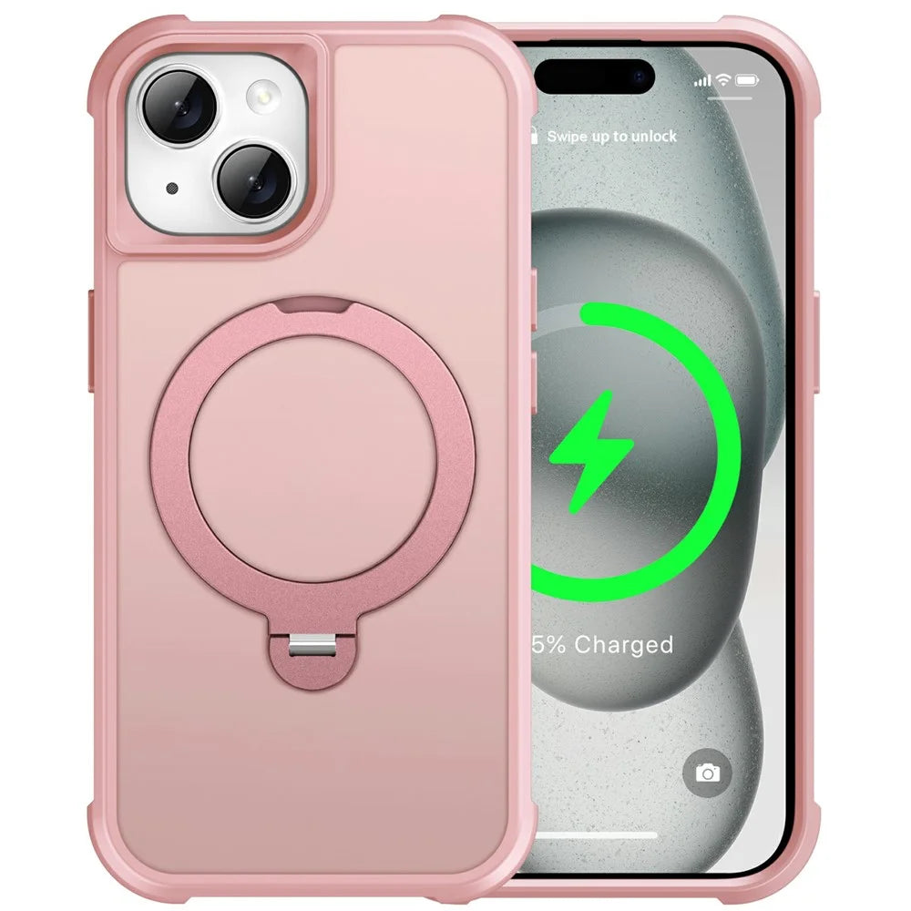 For iPhone 15 Case Compatible with MagSafe Rotatable Kickstand TPU + PC Shockproof Phone Cover - Pink - 2