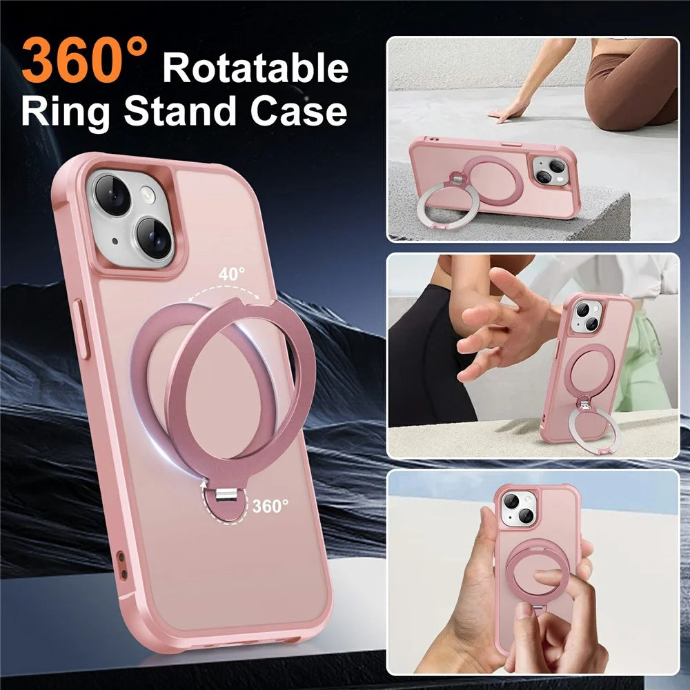 For iPhone 15 Case Compatible with MagSafe Rotatable Kickstand TPU + PC Shockproof Phone Cover - Pink - 3