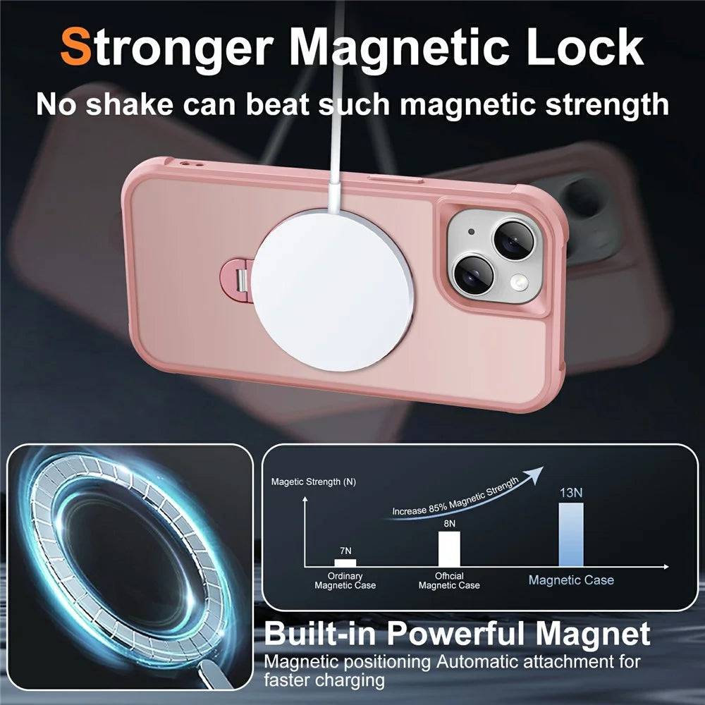 For iPhone 15 Case Compatible with MagSafe Rotatable Kickstand TPU + PC Shockproof Phone Cover - Pink - 4