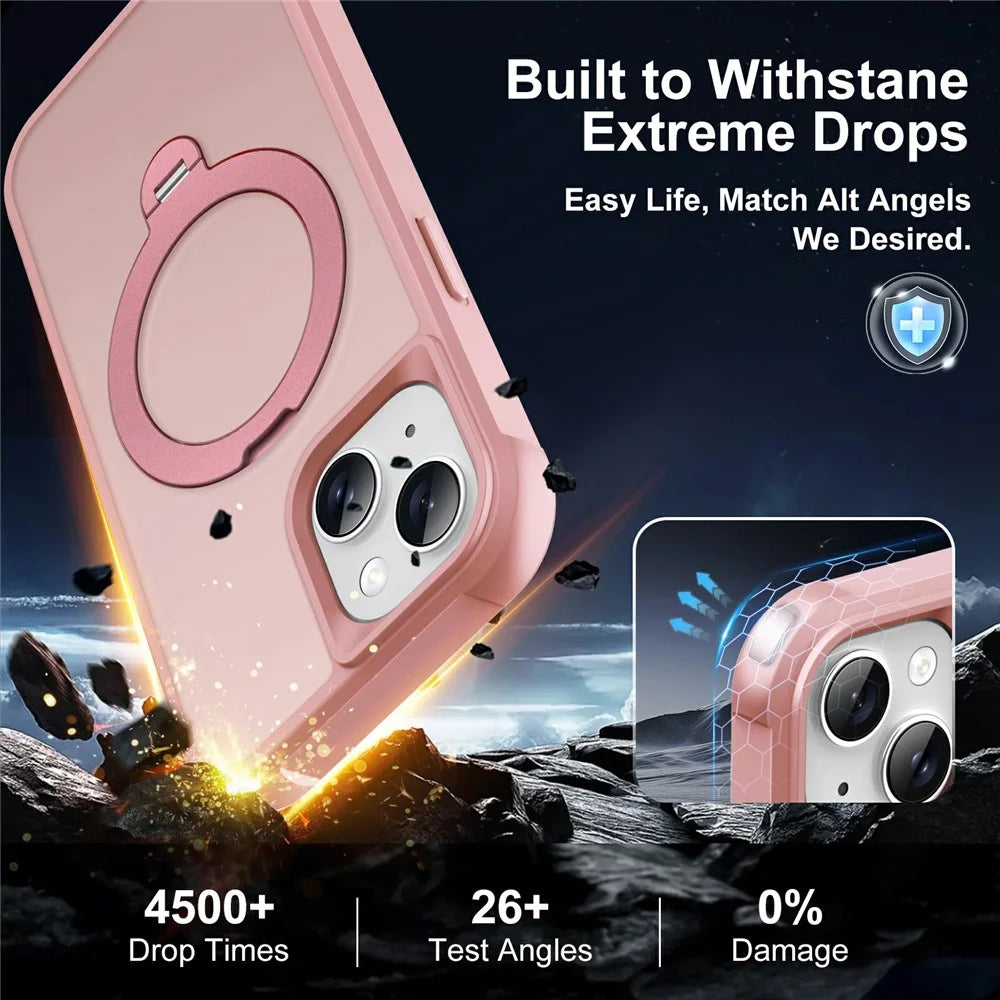 For iPhone 15 Case Compatible with MagSafe Rotatable Kickstand TPU + PC Shockproof Phone Cover - Pink - 5