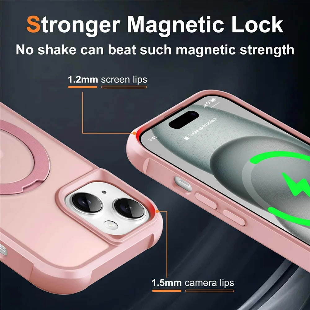 For iPhone 15 Case Compatible with MagSafe Rotatable Kickstand TPU + PC Shockproof Phone Cover - Pink - 6