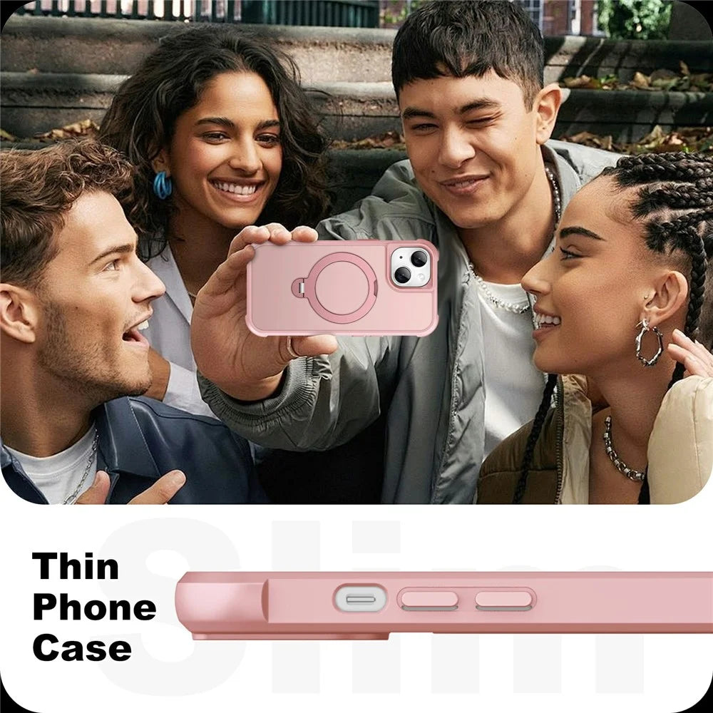 For iPhone 15 Case Compatible with MagSafe Rotatable Kickstand TPU + PC Shockproof Phone Cover - Pink - 7