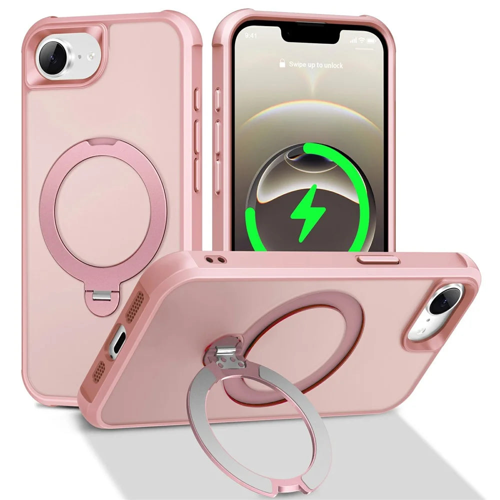 For iPhone 17e / 16e Case Compatible with MagSafe Rotatable Kickstand TPU + PC Shockproof Phone Cover - Pink - 1