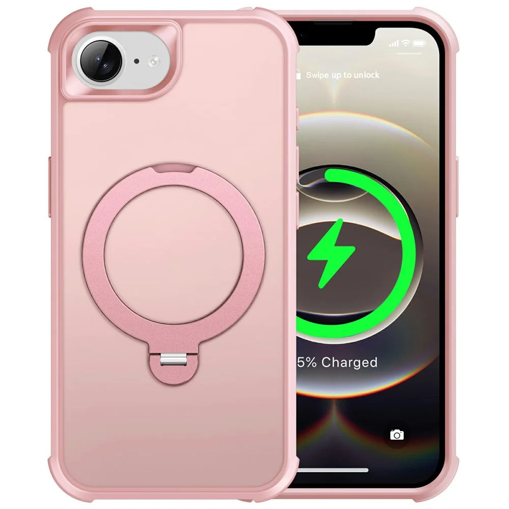 For iPhone 17e / 16e Case Compatible with MagSafe Rotatable Kickstand TPU + PC Shockproof Phone Cover - Pink - 2