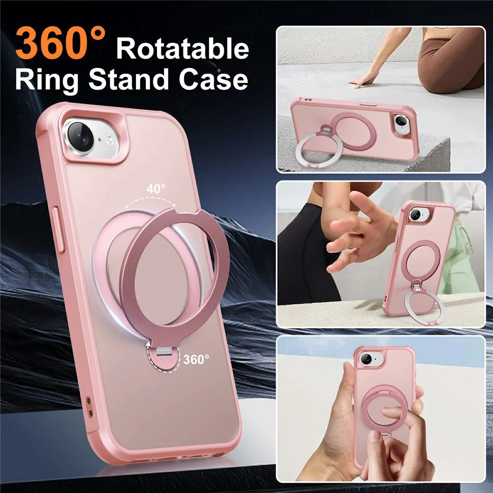 For iPhone 17e / 16e Case Compatible with MagSafe Rotatable Kickstand TPU + PC Shockproof Phone Cover - Pink - 3